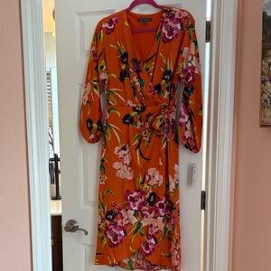 Nordstrom Orange Floral Wrap Dress with Pink & Purple Blooms